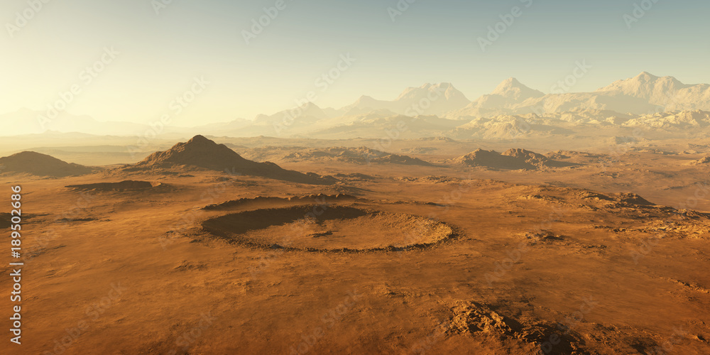Sunset on Mars, Martian landscape. 3D illustration
