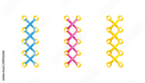 Set of lacing, shoelaces. Silk, satin blue, pink, yellow ribbon. Tied Corset part. Sexy element connecting the two parts. Object for the design of cards, invitations, banners, packing. Isolated vector