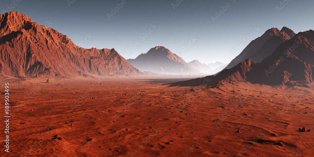 Naklejka premium Zachód słońca na Marsie, zakurzony krajobraz marsjański. Ilustracja 3D