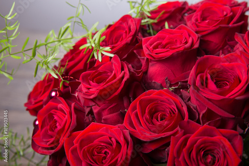 Luxury bouquet made of red roses in flower shop Valentines Bouquet of red roses