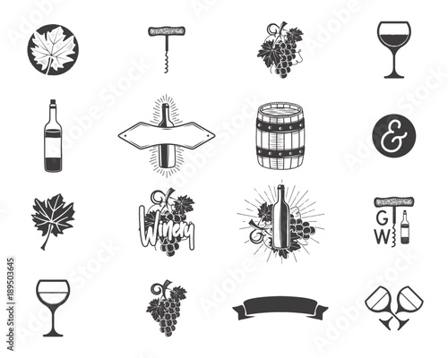 Wine production icons set. Winery, wine shop, vineyards badges collection. Retro Drink symbols. Monochrome design illustrations. Stock vector emblems and pictograms isolated on white background