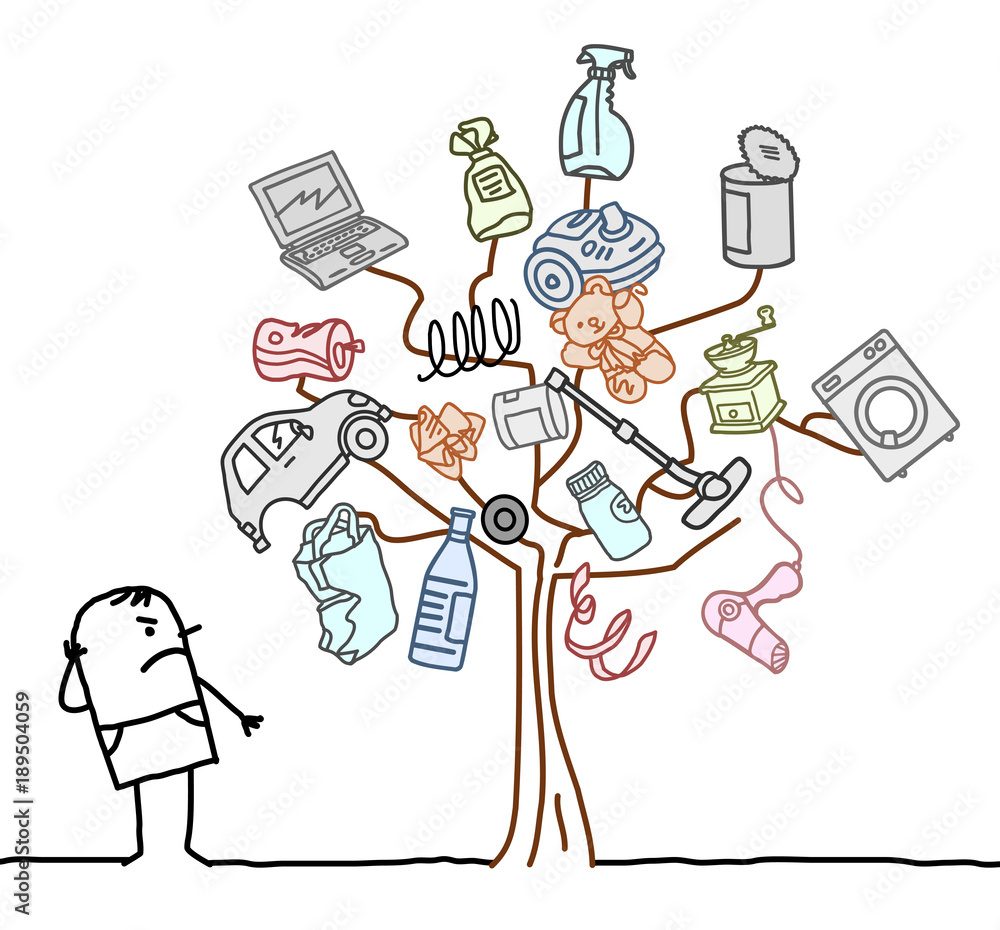 Cartoon Man Watching a Garbage Tree