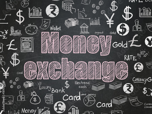 Money concept: Chalk Pink text Money Exchange on School board background with Hand Drawn Finance Icons, School Board