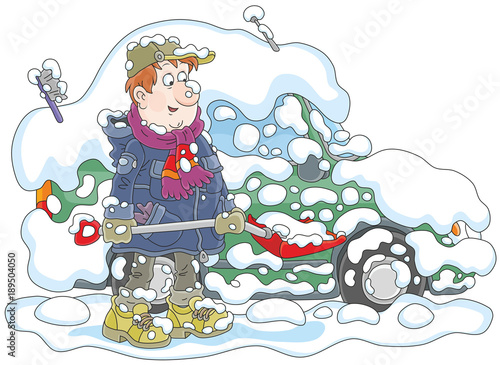 Funny man with a shovel  cleaning his snowbound car from snow, a vector illustration in cartoon style