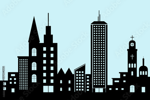 cityscape black architectural building icon. design silhouette flat style on blue background Illustration vector