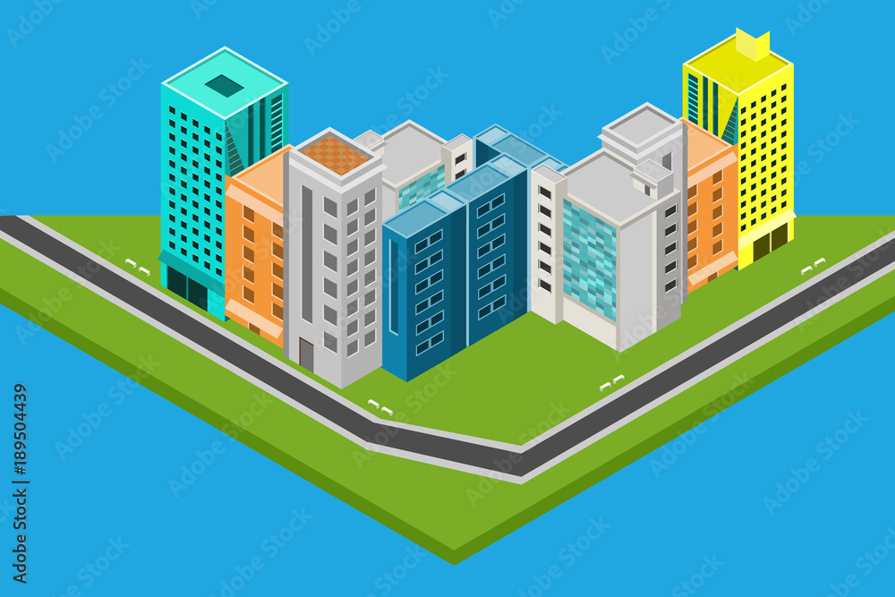 isometric city design houses, buildings Vector illustration