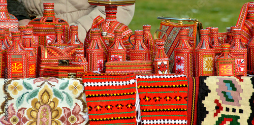 street selling of a handmade souvenirs with traditional macedonian colors in ohrid,macedonia
