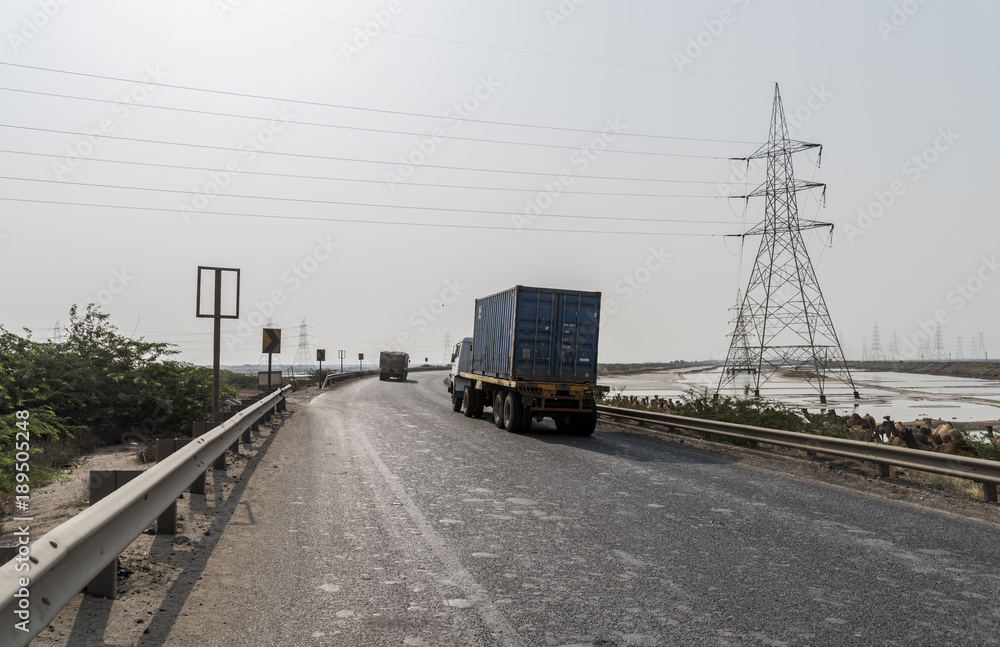 Container truck on Kutch Highway, Gujarat, India