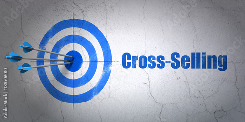 Success business concept: arrows hitting the center of target, Blue Cross-Selling on wall background, 3D rendering