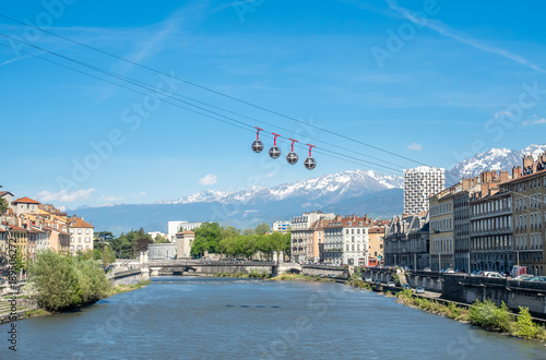 Grenoble-Bastille cable car, four bubbles on sling, transport to hill and fortress of Bastille cross Isere river in Grenoble, France
