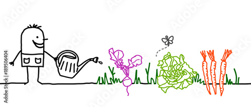 Cartoon Gardener Watering Vegetables