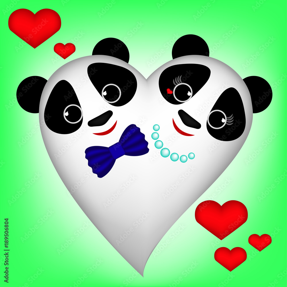 Fototapeta premium Cute white Panda-Heart on green background, boy and girl