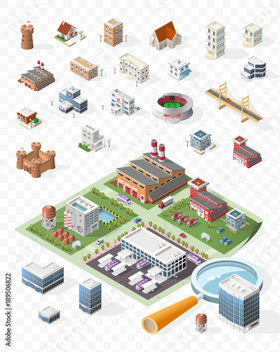 Set of Isolated High Quality Isometric City Elements . Buildings with Shadows on Transparent Background