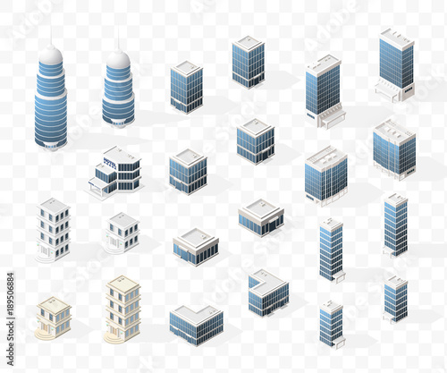 Collection of Realistic Isometric High Quality City Element for Map on Transparent Background . Buildings