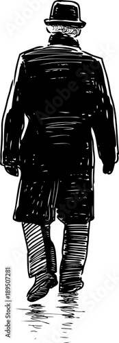 The pedestrian in the hat leaves
