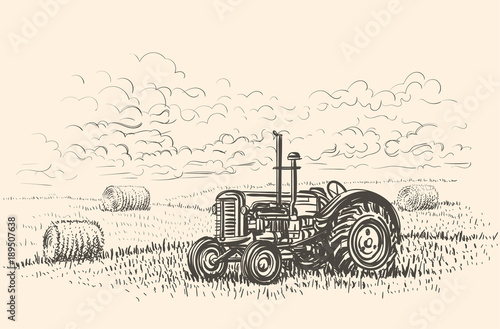 Retro tractor in field hand drawn illustration. Vector.
