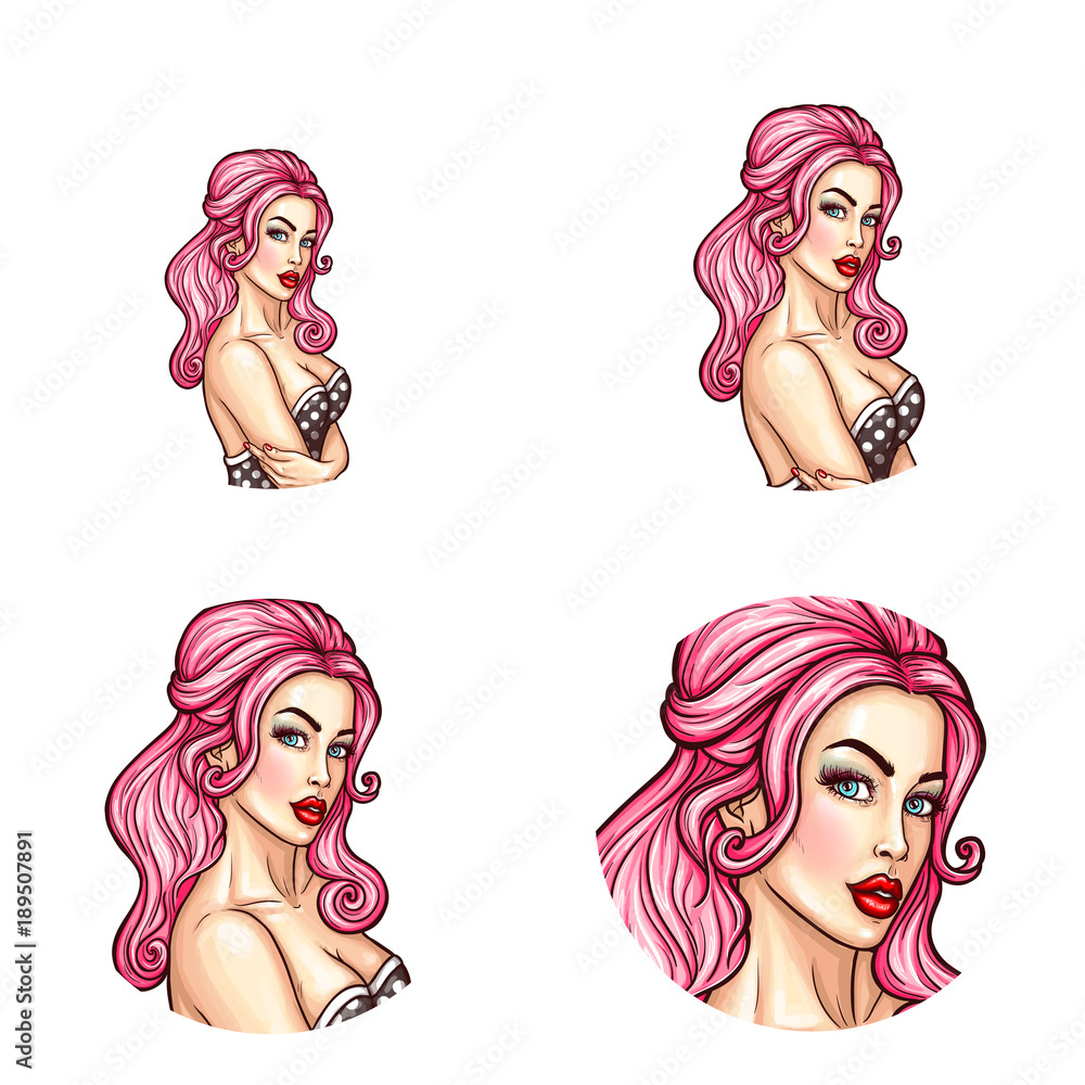 Vector pop art avatar of pin up sexy girl for networking. Great icon for invitation to parties or advertising discounts and sales. Vector pop art avatar of pin up sexy girl for networking. Great icon for invitation to parties or advertising discounts and sales.