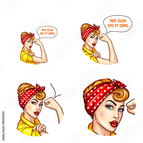 Vector pop art avatar for chat, blog, networking with confident lady, housewife with rolled up sleeves talks We can do it, girl. Motivating icon for empowerment, feminism, women s rights