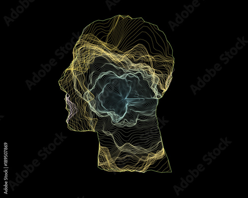 Human head with generative curve line. Concept of artificial intelligence, AI, deep learning. Vector