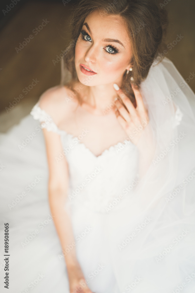 Luxury bride in white dress posing while preparing for the wedding ceremony Luxury bride in white dress posing while preparing for the wedding ceremony