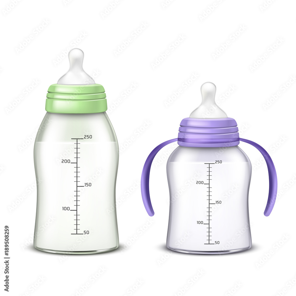 Seamless pattern of plastic transparent baby bottles with silicone nipples  for feeding newborns flat vector illustration on white background Stock  Vector Image & Art - Alamy