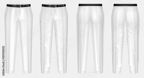 Vector realistic pair of white pants with black belt, one clean and ironed, other crumpled, isolated on background. Casual wear, unisex trousers, mockup for your design, before and after ironing