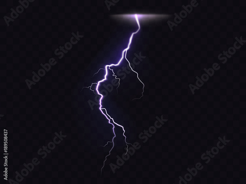 Vector illustration of 3d realistic lightning or thunderbolt isolated on dark translucent background. Bright flash of light, electrical discharge during thunderstorm, a natural phenomenon