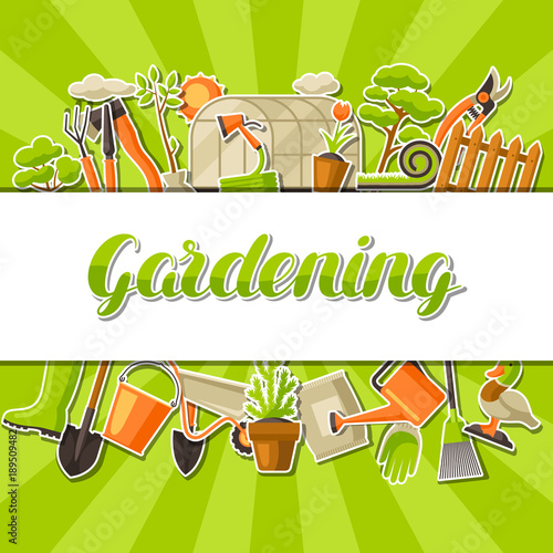 Background with garden tools and items. Season gardening illustration