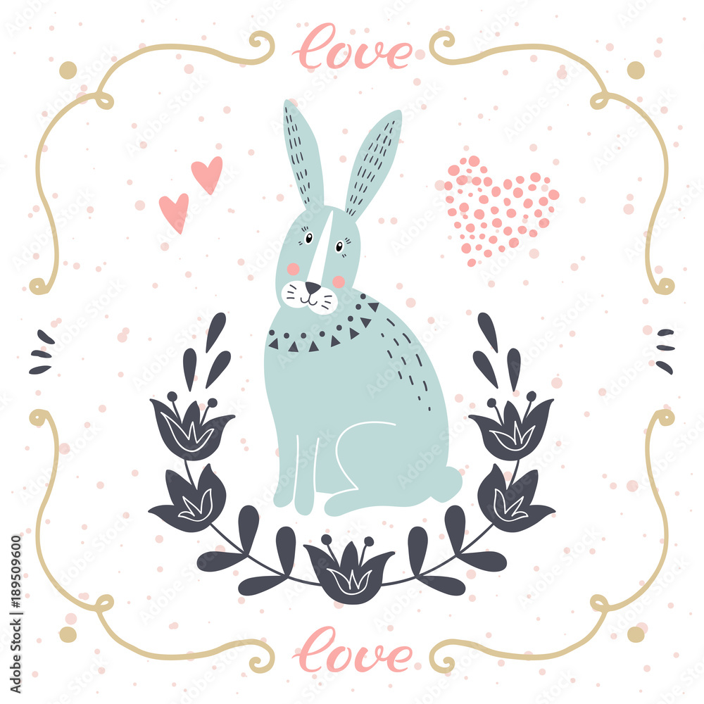 Vector card with cute bunny. Postcard with love text. Funny cartoon animal.