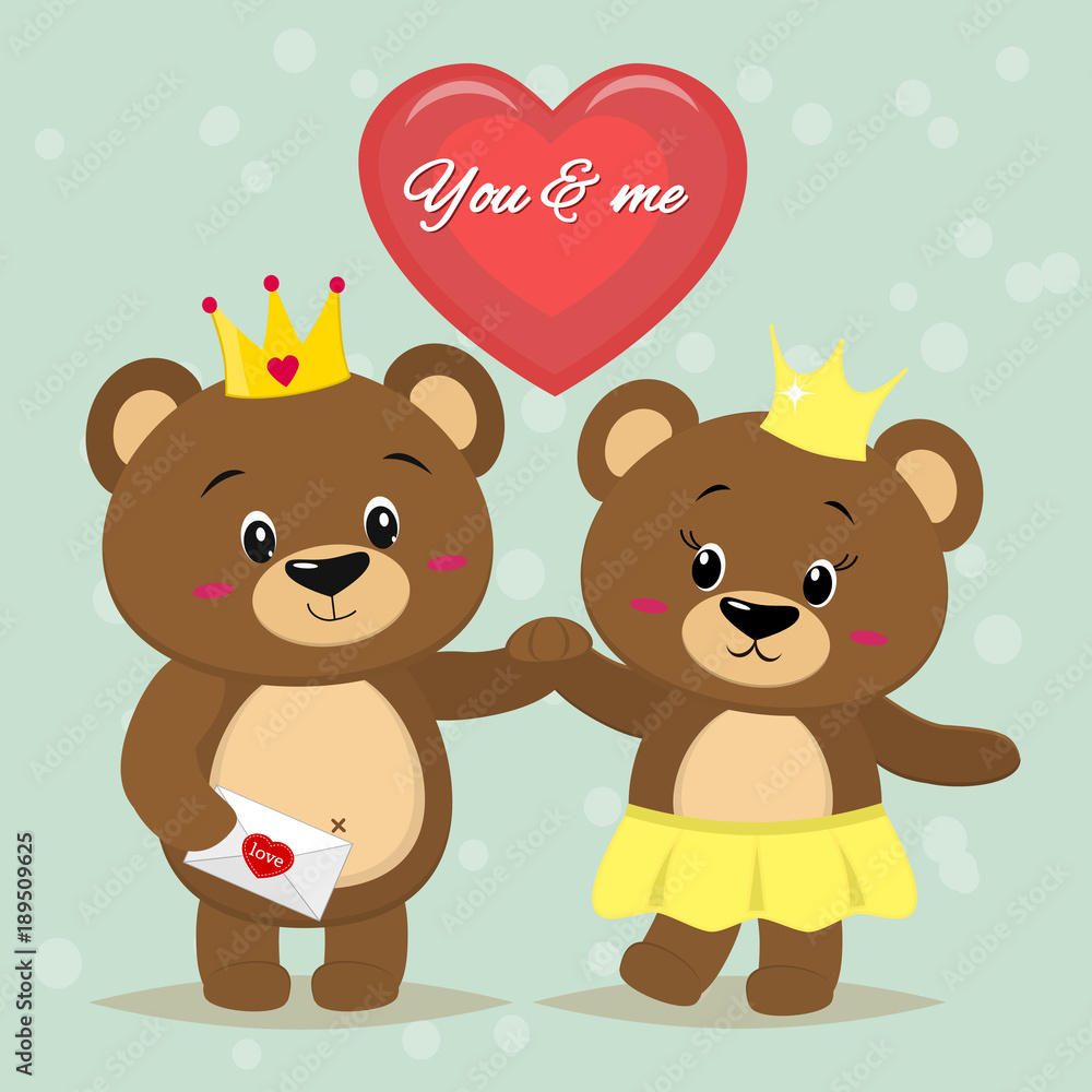 Two beautiful brown bears with crowns on their heads stand with their hands, a red heart in a cartoon style. Two beautiful brown bears with crowns on their heads stand with their hands, a red heart in a cartoon style.