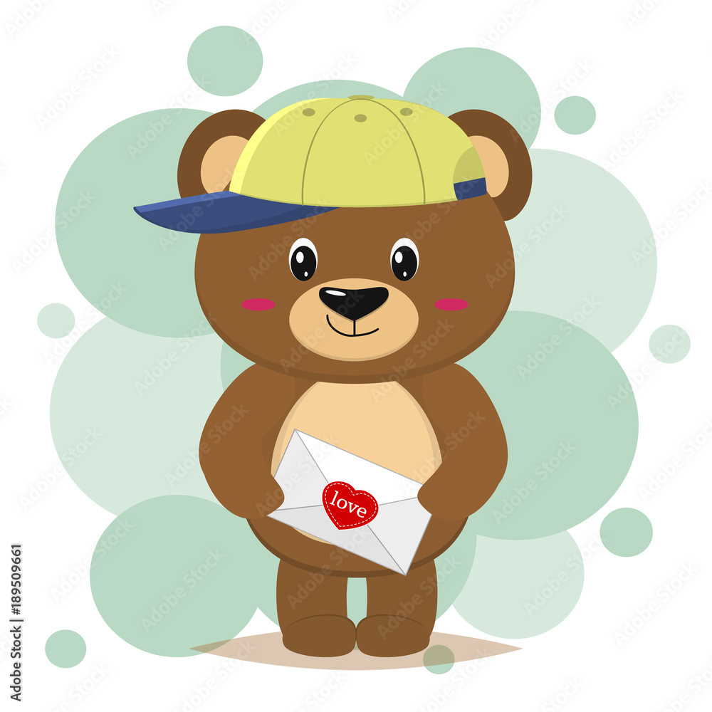 Obraz premium The brown bear in the baseball cap stands and holds a letter with a heart in its paws, in the style of cartoons.