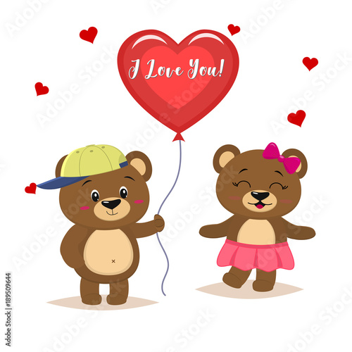 Two cute brown bears stand, the boy is holding a red ball, girl panda in a pink skirt and with a bow, in cartoon style.