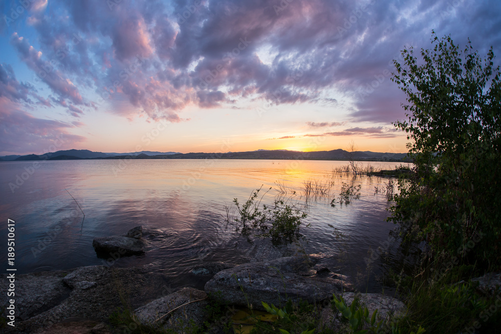 Nice landscape with sunset on lake