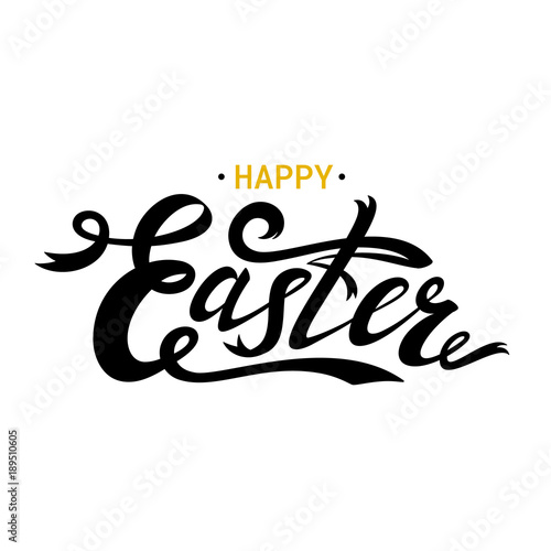 Happy Easter lettering card. Black ribbon text. Hand drawn lettering poster f...