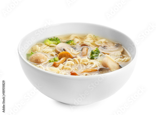Bowl with mushroom soup, isolated on white