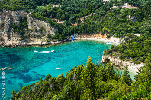 Scenic view on Paleokastritsa bay in Corfu, Greece.
