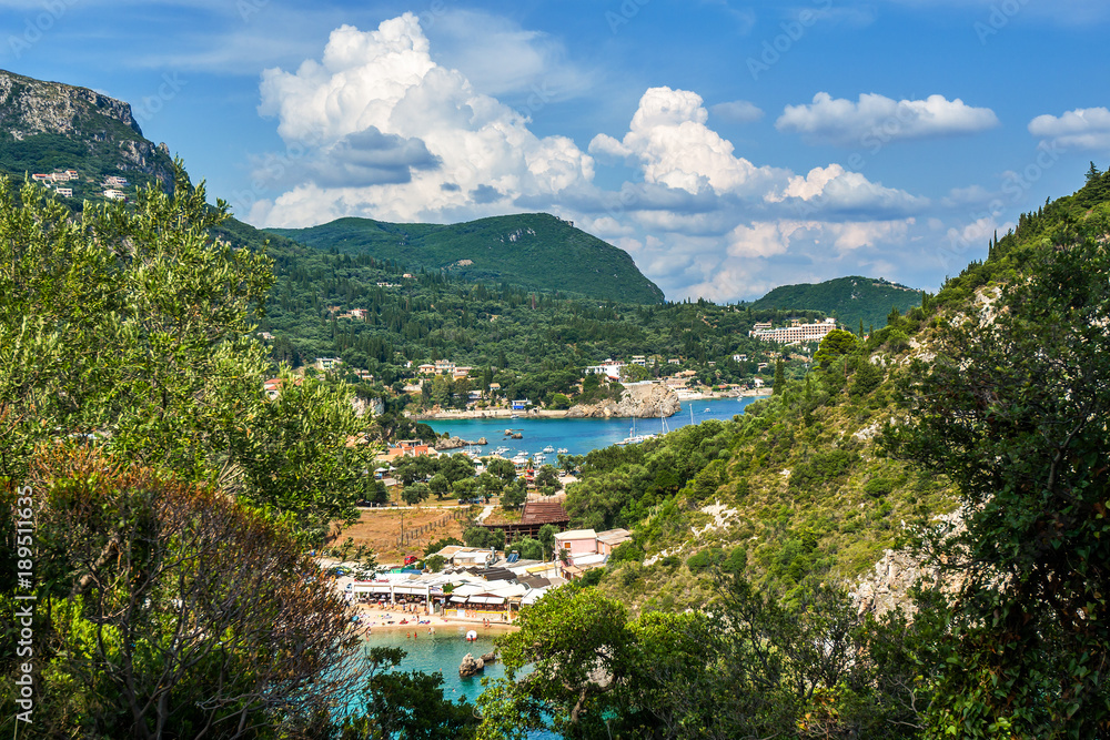 Scenic view on Paleokastritsa bay in Corfu, Greece.