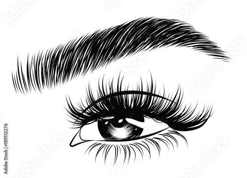 Hand-drawn woman's sexy makeup look with perfectly perfectly shaped eyebrows and extra full lashes. Idea for business visit card, typography vector. Perfect salon look