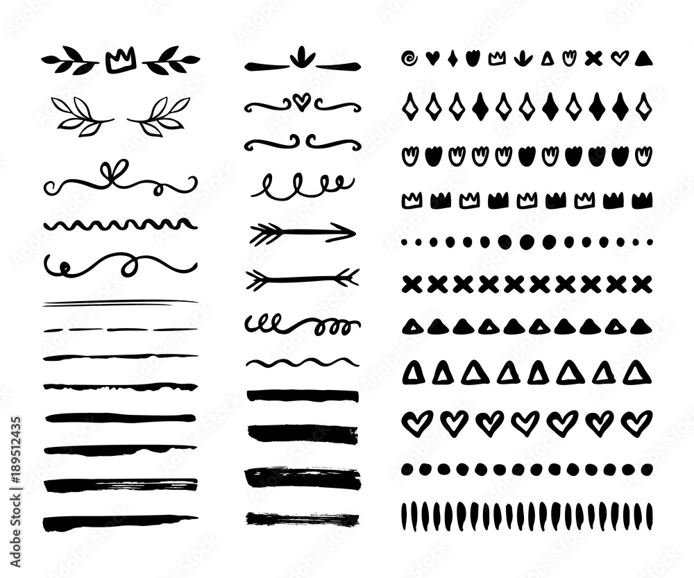 Obraz premium Hand drawn borders, brackets, swirls, dividers set. Vector ink brush elements with heart, arrow, crown, stroke.