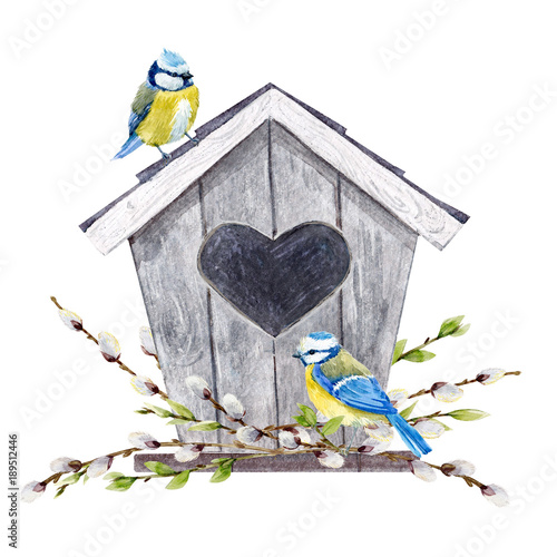 Valokuvatapetti Watercolor birdhouse with birds