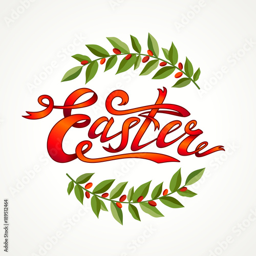Vintage Hand drawn easter greeting card. Green branch and leaves wreath. East...