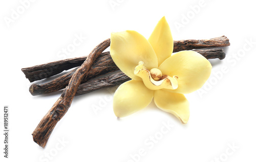 Vanilla sticks and flower on white background
