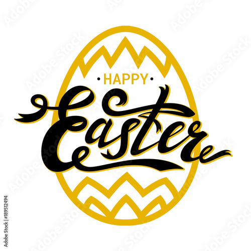 Happy Easter lettering with gold paschal egg on white background. Ribbon word.