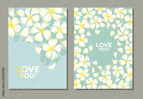 Tropical exotic plumeria flowers in simple elegant style on pale blue background. Abstract decorative frangipani floral vector illustration for poster, card, invitation.