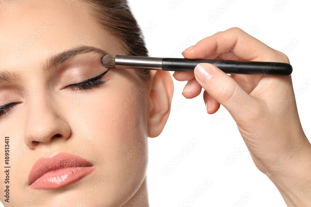 Professional visage artist applying makeup on woman's face on white background Professional visage artist applying makeup on woman's face on white background