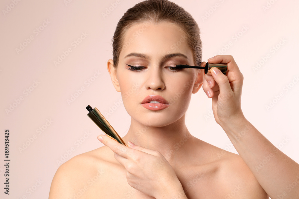 Professional visage artist applying makeup on woman's face on light background Professional visage artist applying makeup on woman's face on light background