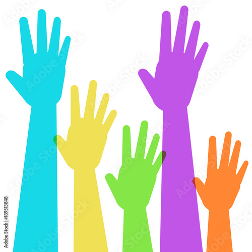 Several colored hands raised as you would see in a classroom.