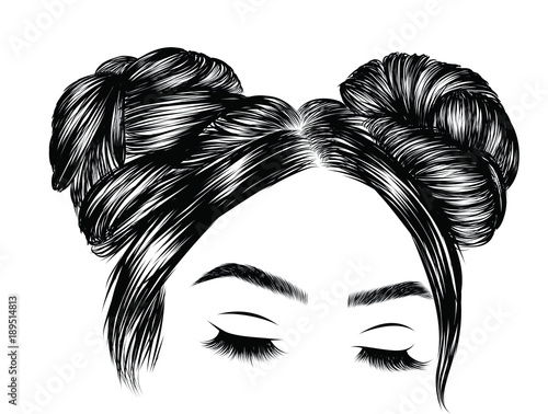 Hand-drawn beauty woman with luxurious cute bun hairstyle. Idea for card typography vector.Wedding style