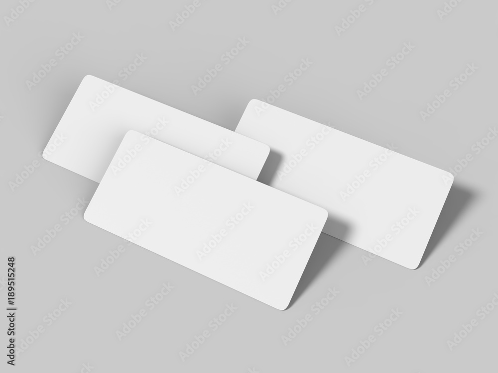 Mock up template blank white empty rounded corners gift voucher card on the grey background. For graphic design or presentation, 3D rendering illustration. Mock up template blank white empty rounded corners gift voucher card on the grey background. For graphic design or presentation, 3D rendering illustration.