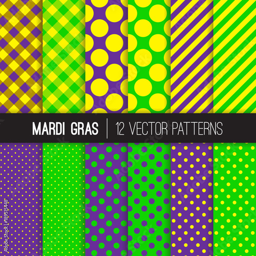 Mardi Gras Polka Dots, Gingham and Stripes Patterns